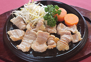 福岡県福津市にあるレストランハイポーのホルモン鉄板。おろしポン酢であっさりと食べれます！